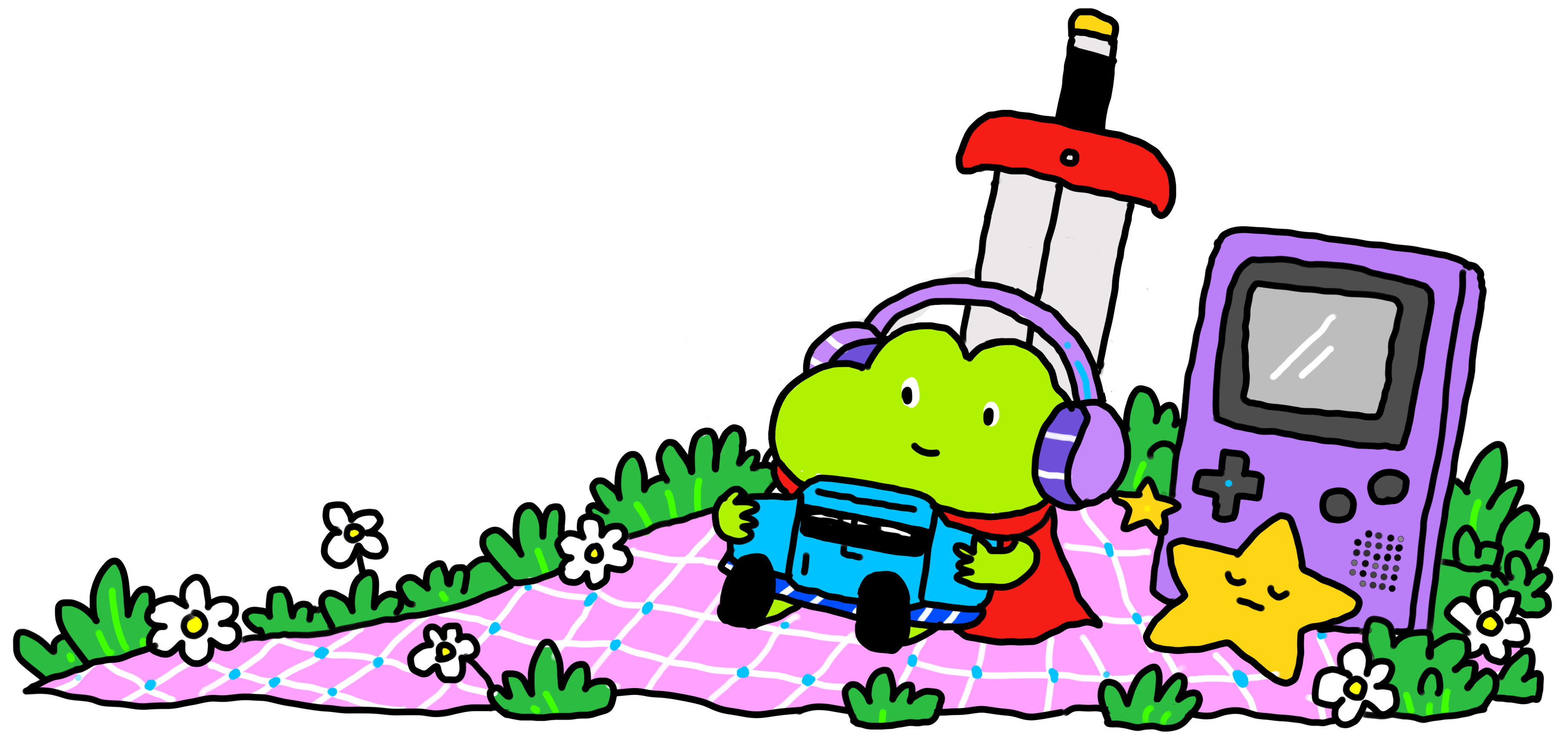 A smiling lime-green frog in purple headphones holds a blue handheld on a pink picnic blanket, beside a lavender Game Boy Color, sleepy yellow star, oversized sword and white flowers.